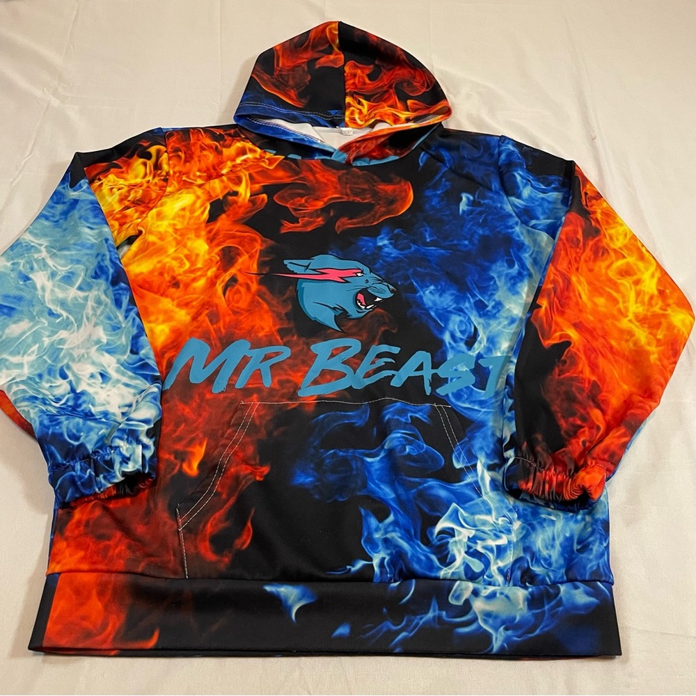 Mr Beast Hoodie XL All Over Fire Ice Flame Print Blue Orange Pullover Sweatshirt